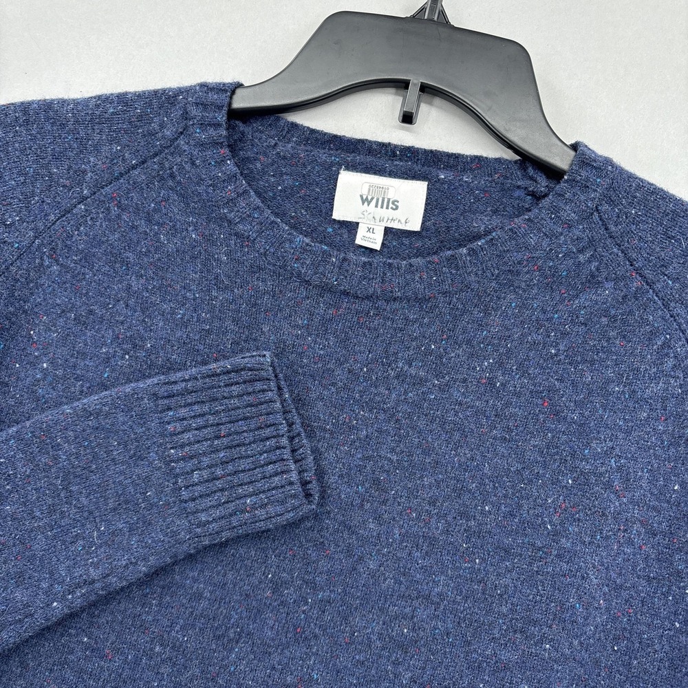 Wills Sweater Mens XL‎ Blue 100% Wool Crewneck Speckled Knit Pullover Raglan